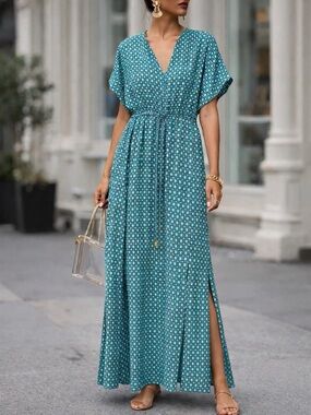 MICHAEL KORS Teal Geometric V-Neck Maxi Dress Size XS